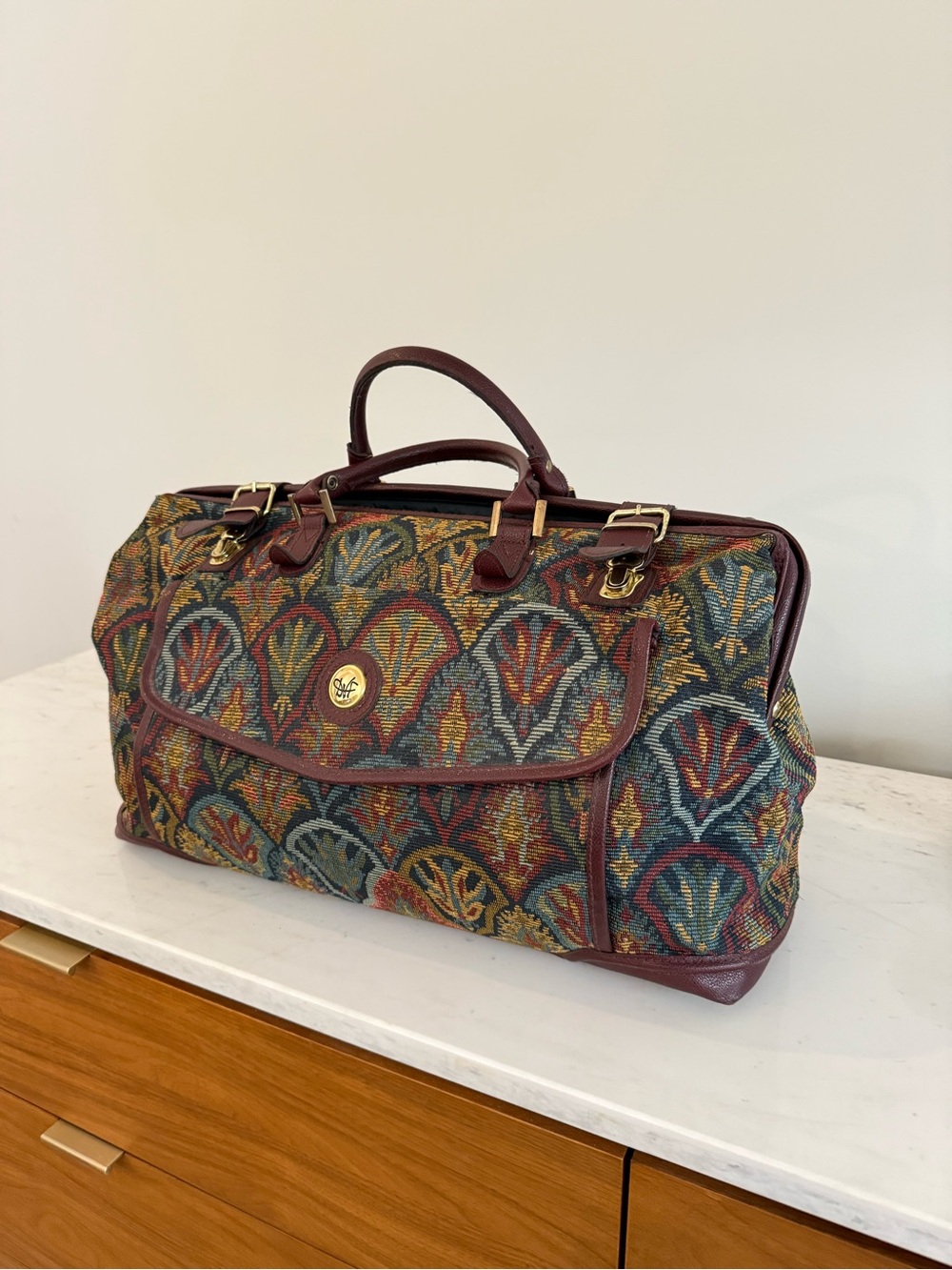 Vintage Diane Von Furstenberg Tapestry Leather Duffle Overnight Bag - Picture 2 of 8